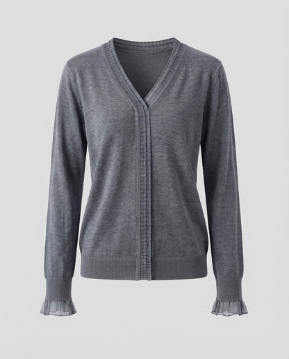 Ladies Fine V-Neck Fine Knit Sweater with Pleated Trim and Flowing Silhouette Shop Velvia