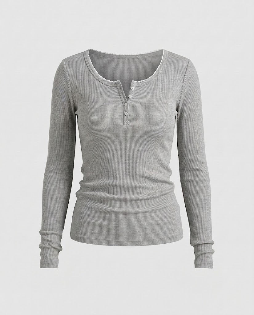 Women's Fitted Ribbed Long Sleeve Henley Shirt with Decorative Button Placket and Scalloped Edge Shop Velvia