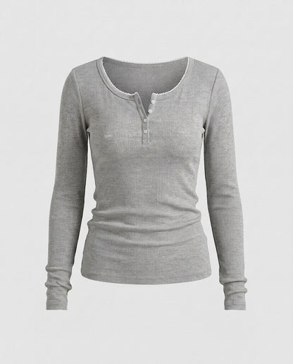 Women's Fitted Ribbed Long Sleeve Henley Shirt with Decorative Button Placket and Scalloped Edge Shop Velvia