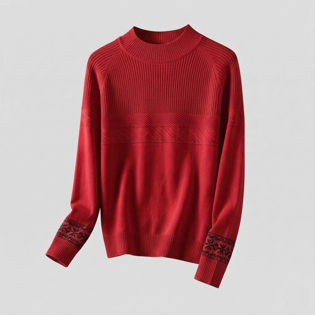 Women's fine-knit pullover with a short stand-up collar, structured yoke and Norwegian motif at the sleeve hem Shop Velvia