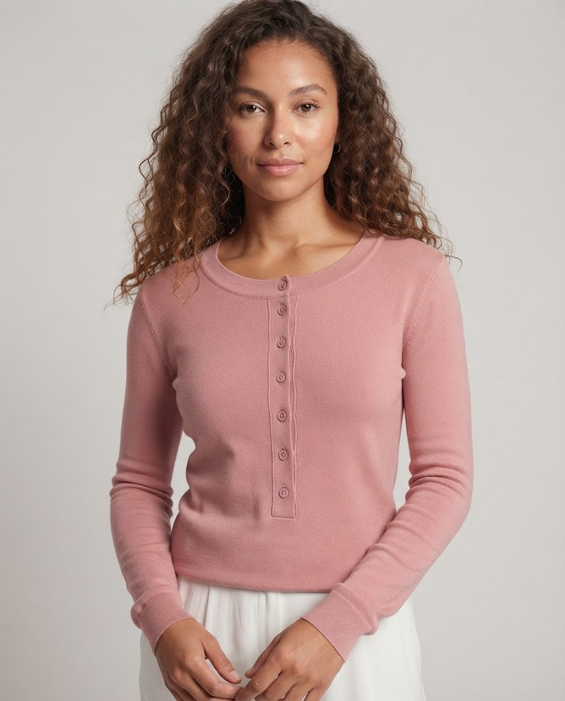 Ladies Fine Long Sleeve Henley made of fine knit with buttonable center placket and slim fit Shop Velvia