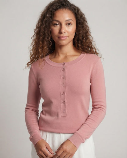 Ladies Fine Long Sleeve Henley made of fine knit with buttonable center placket and slim fit Shop Velvia