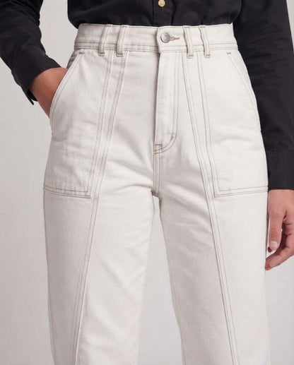 Women's High-Waisted Straight-Fit Pants with Visible Decorative Seams and Patch Pockets Shop Velvia