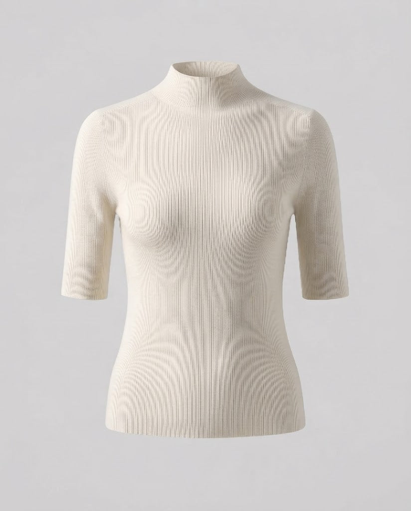 Women Half Sleeve Fine Knit Sweater with Short Stand Collar and Fitted Cut Shop Velvia