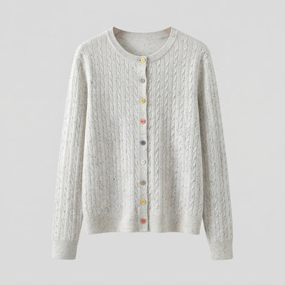 Women's fine knit cardigan with cable pattern and colorful buttons Shop Velvia