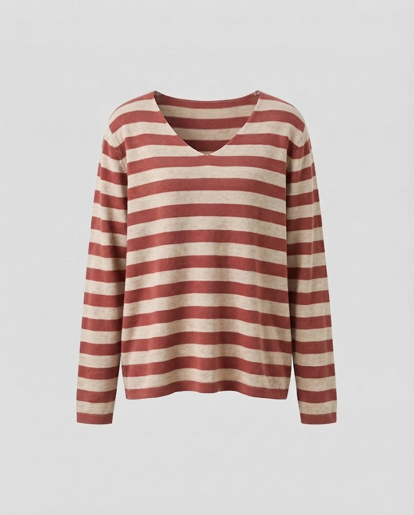 Women's Striped Fine Knit Sweater with V-Neck and Casual Oversized Fit Shop Velvia