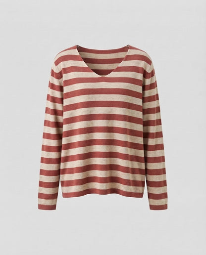 Women's Striped Fine Knit Sweater with V-Neck and Casual Oversized Fit Shop Velvia