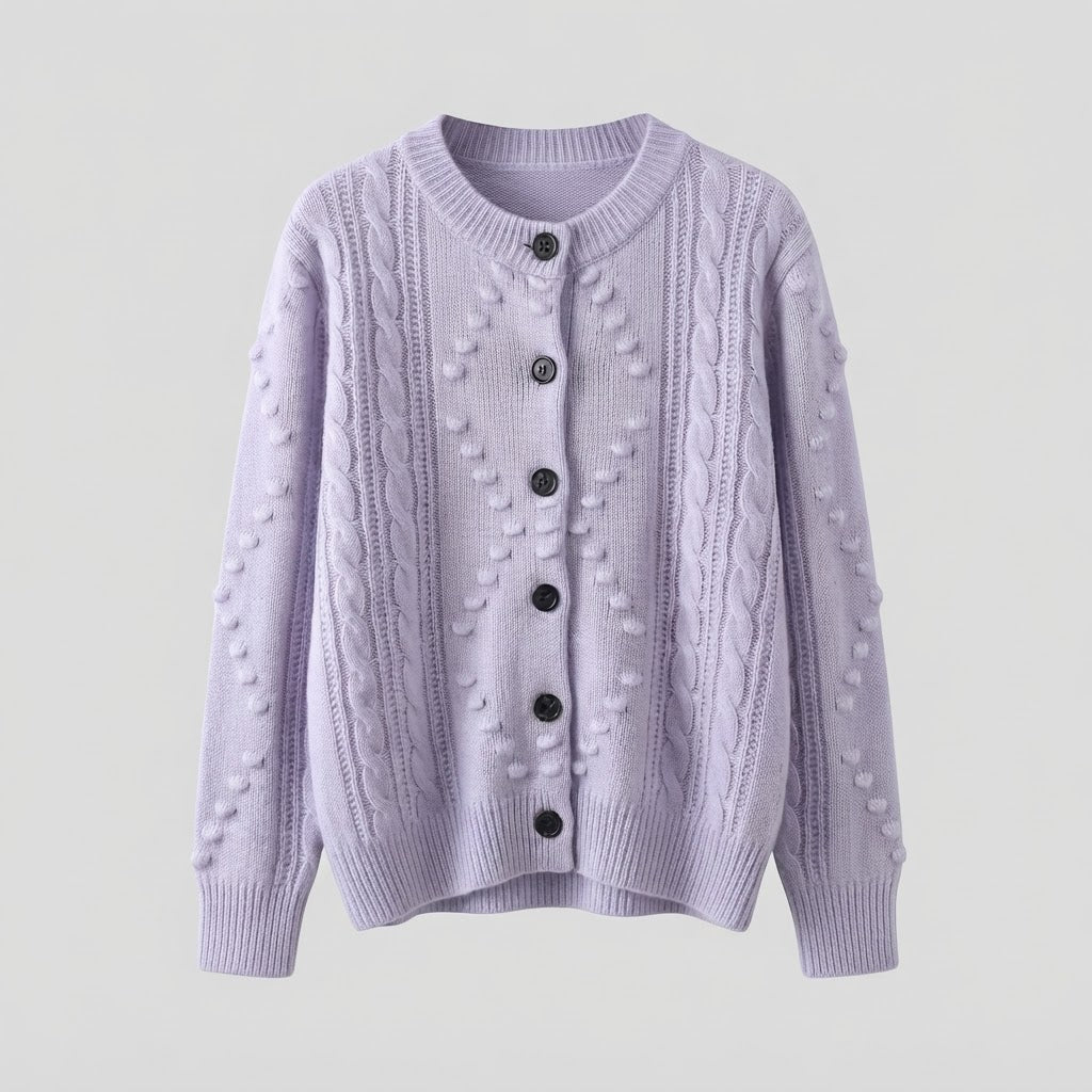 Women’s fine knit cardigan with cable pattern, bobble lace and round neckline Shop Velvia