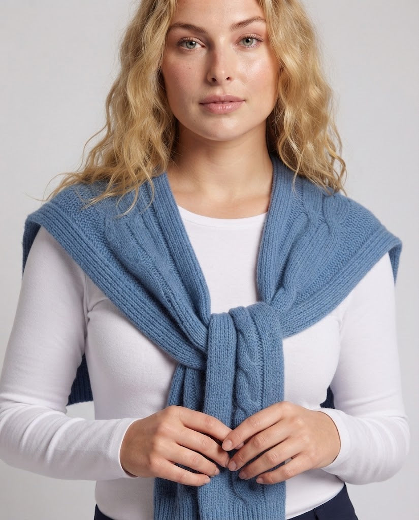 Women's chunky knit shoulder shawl with cable pattern and short sweater cut Shop Velvia
