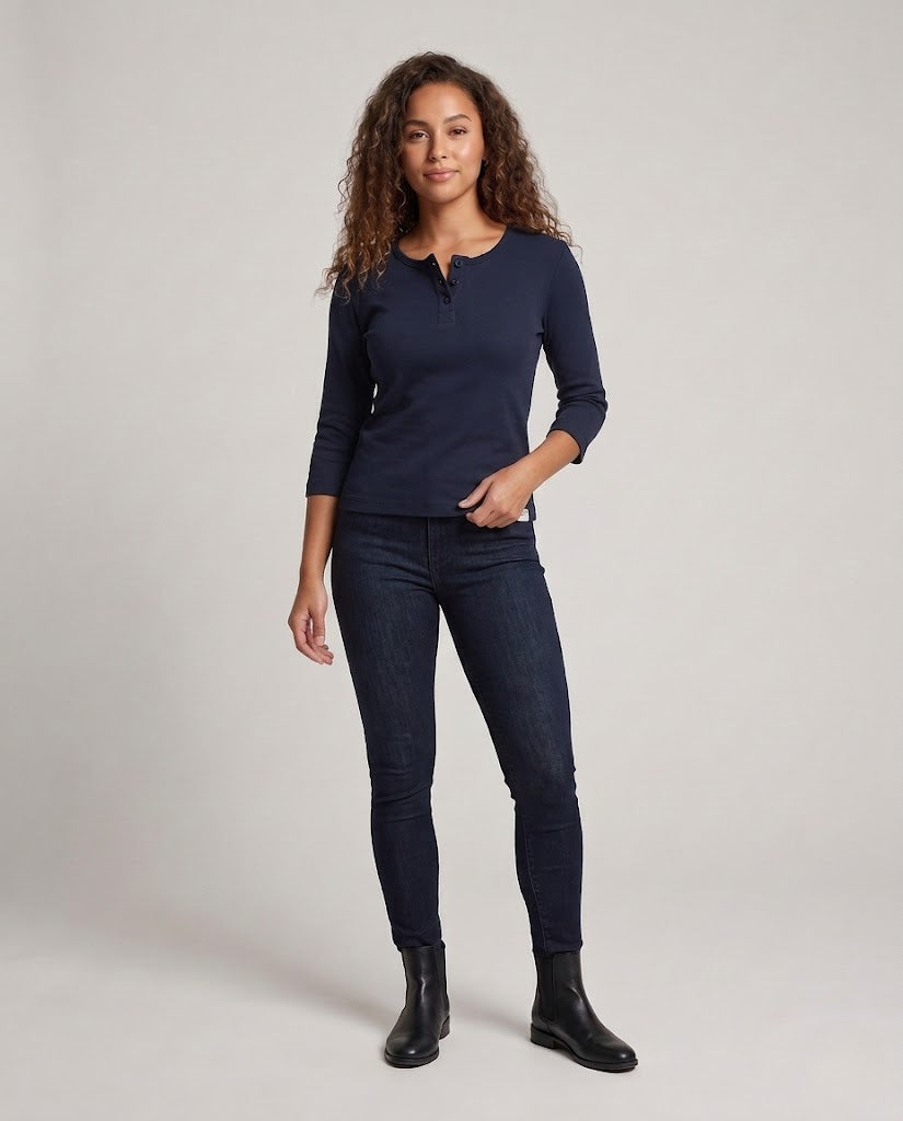 Women's Ribbed Henley Cropped Shirt with Three-Quarter Sleeves Shop Velvia