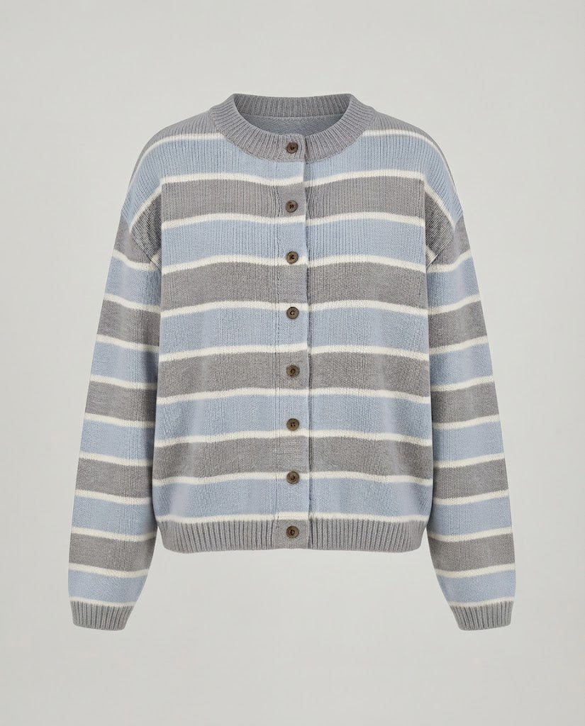 Women Short Fine Knit Cardigan with Horizontal Stripes and Button Placket Shop Velvia