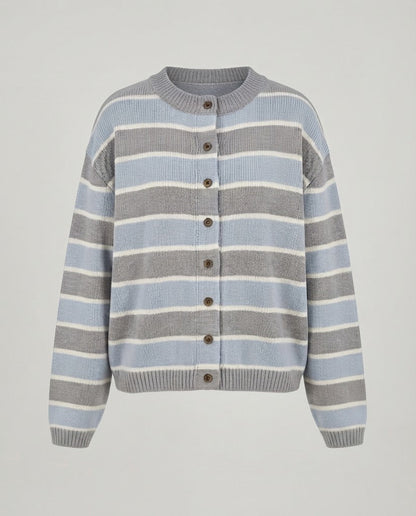 Women Short Fine Knit Cardigan with Horizontal Stripes and Button Placket Shop Velvia