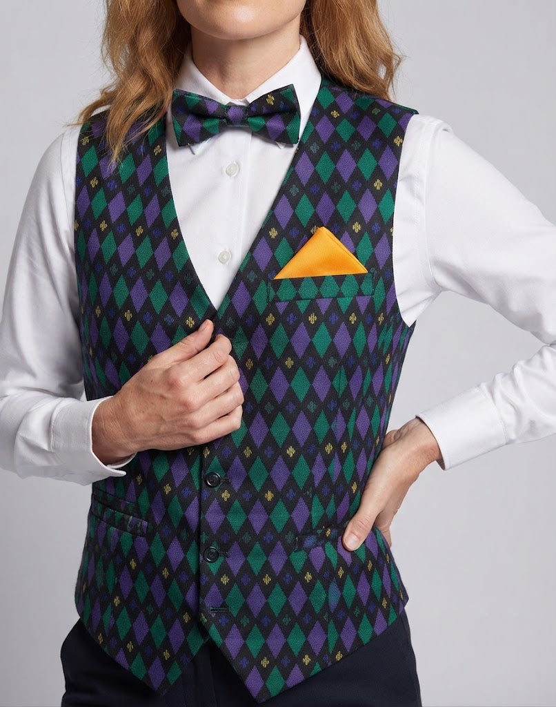 Ladies festive waistcoat with colorful checked pattern and matching accessories Shop Velvia