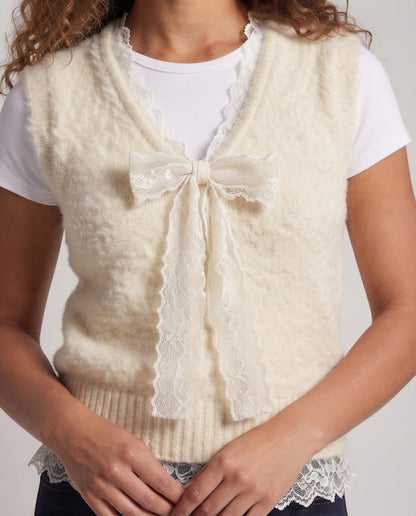 Women's Sleeveless Fleece Vest with Lace Insert and Decorative Bow Brooch Shop Velvia