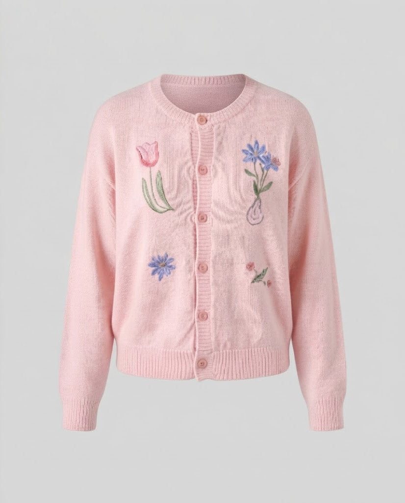 Ladies short-cut fine knit cardigan with floral embroidery and round neck Shop Velvia