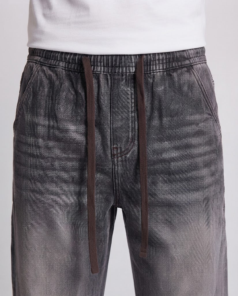 Men's loose stonewash denim pants with drawstring and contrast seams Shop Velvia