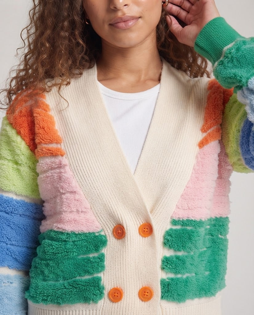 Women's short-cut boucle cardigan with contrasting block stripes and deep V-neckline Shop Velvia