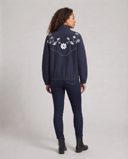 Women's Embroidered Lightweight Transitional Jacket with Zipper and Flower Detail Shop Velvia