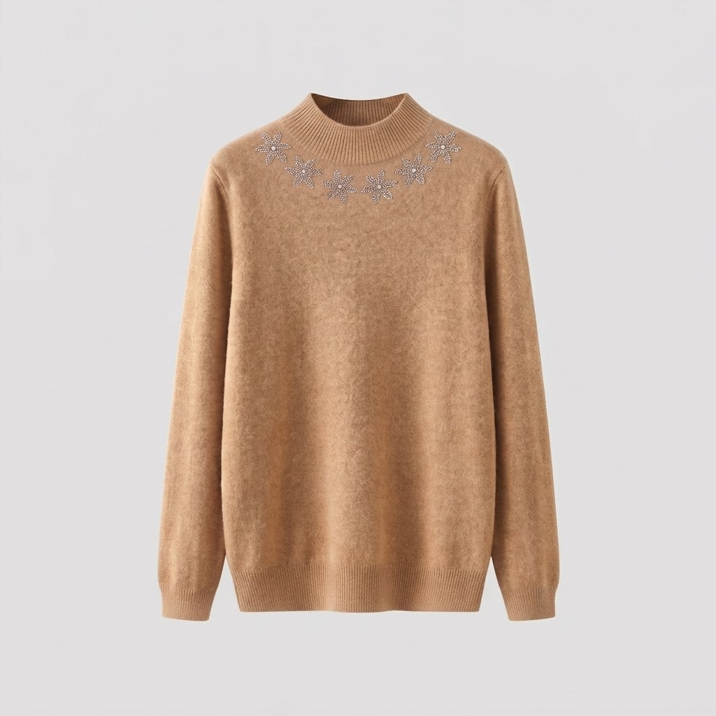 Women's fine knit mock neck pullover with sparkling flower rhinestone application Shop Velvia