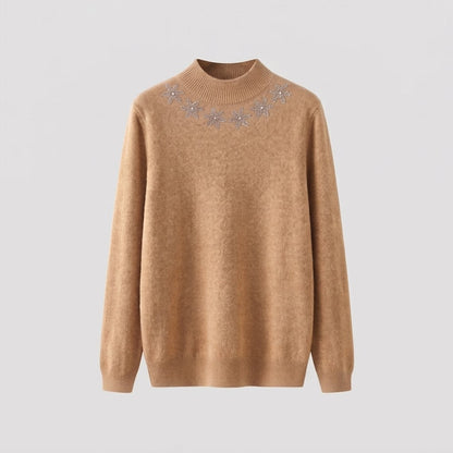 Women's fine knit mock neck pullover with sparkling flower rhinestone application Shop Velvia