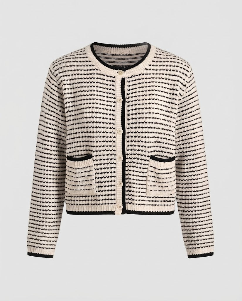 Women Short-cut Cardigan with Contrast Cuffs and Patch Pockets Shop Velvia