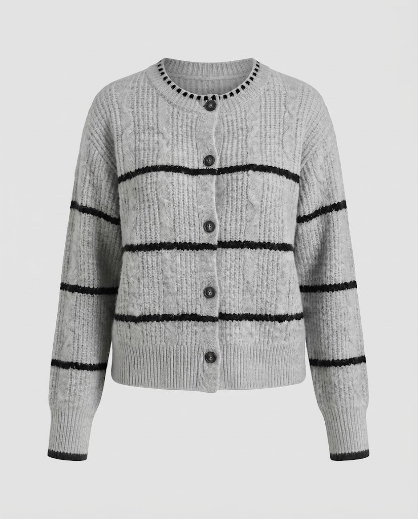 Women's Chunky Knit Button Cardigan with Striped Texture and Round Neckline Shop Velvia
