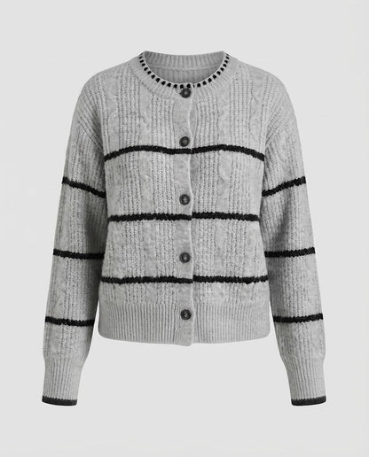 Women's Chunky Knit Button Cardigan with Striped Texture and Round Neckline Shop Velvia