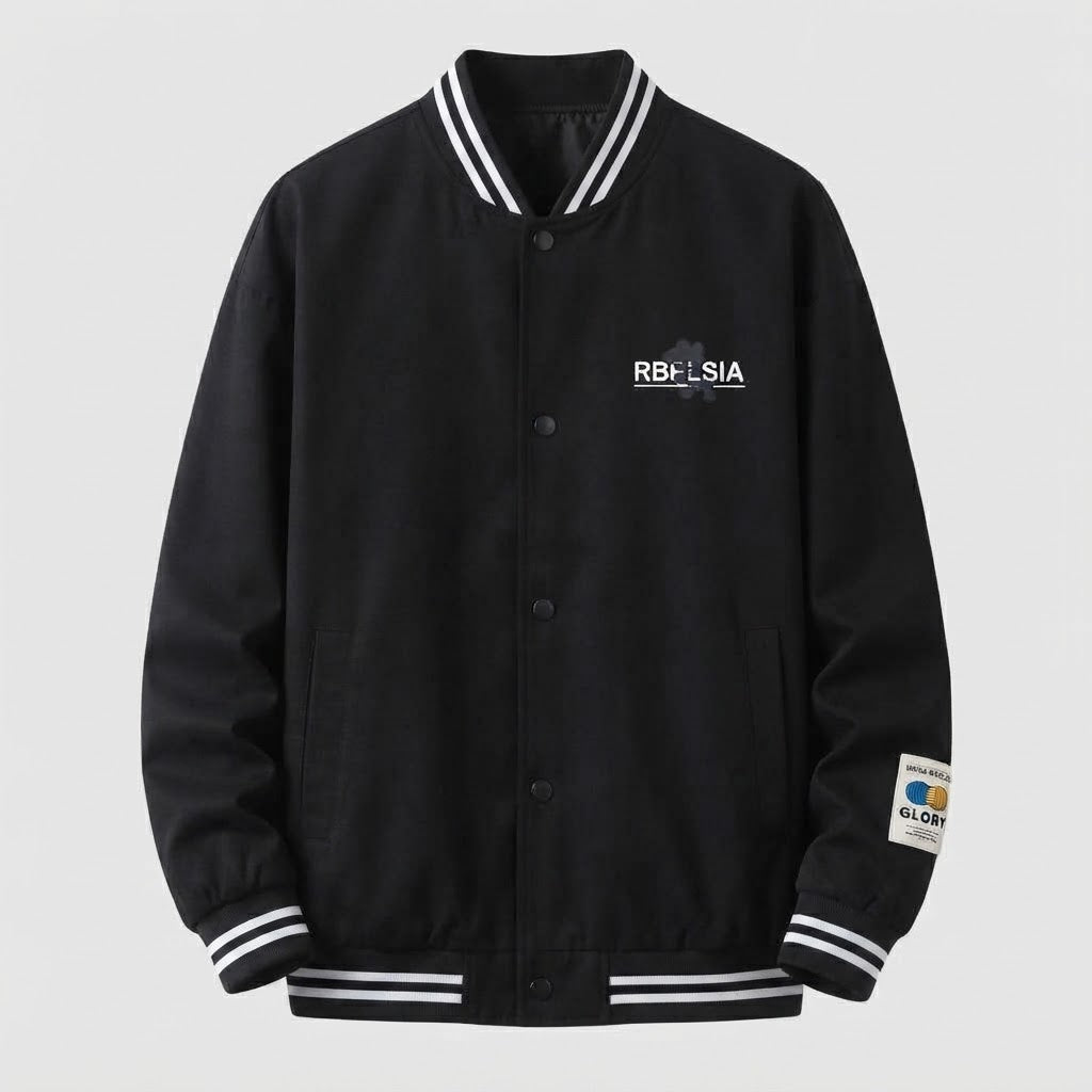 Men's Lightweight College Bomber Jacket with Striped Ribbed Cuffs and Snap Placket Shop Velvia