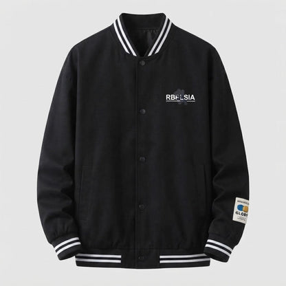 Men's Lightweight College Bomber Jacket with Striped Ribbed Cuffs and Snap Placket Shop Velvia