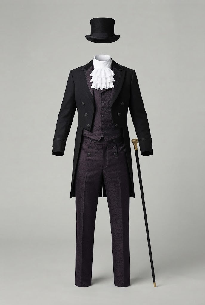 Men's elegant tailcoat with intricate decorations and double button placket Shop Velvia