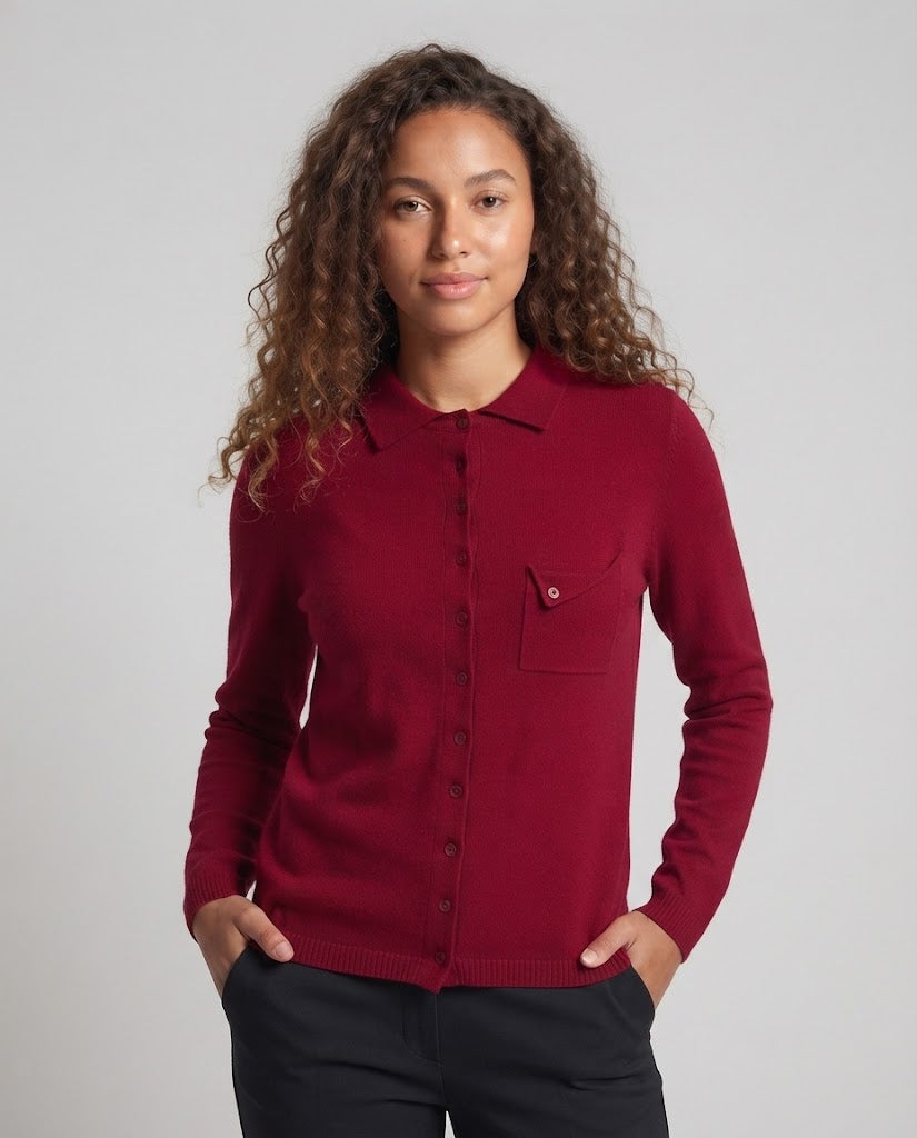 Women's fine-knit cardigan with polo collar, 3/4 sleeves and discreet chest pocket Shop Velvia