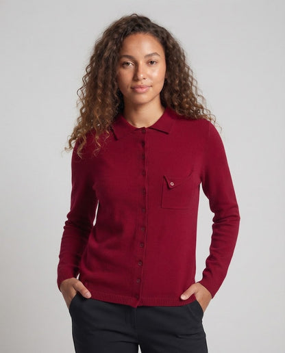 Women's fine-knit cardigan with polo collar, 3/4 sleeves and discreet chest pocket Shop Velvia