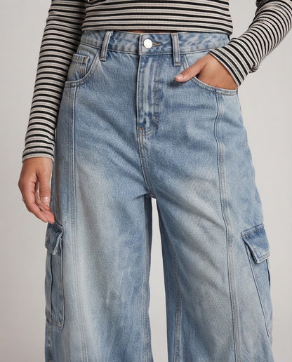 Ladies Extra Wide Palazzo Denim Trousers with Balloon Silhouette and Large Cargo Flap Pockets Shop Velvia