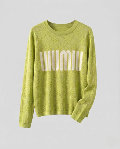 Women's fine knit pullover with round neckline, jacquard structure and logo front Shop Velvia