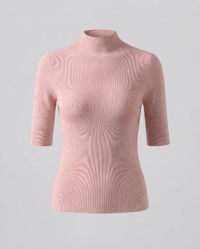 Women Half Sleeve Fine Knit Sweater with Short Stand Collar and Fitted Cut Shop Velvia