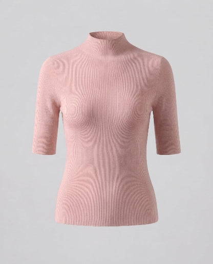 Women Half Sleeve Fine Knit Sweater with Short Stand Collar and Fitted Cut Shop Velvia