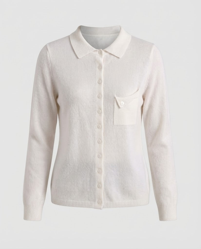 Women's fine-knit cardigan with polo collar, 3/4 sleeves and discreet chest pocket Shop Velvia