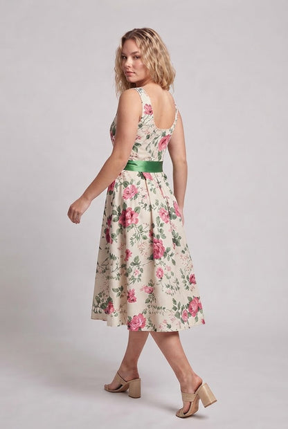 Women Floral Pattern A-Line Dress with Waist Belt Shop Velvia