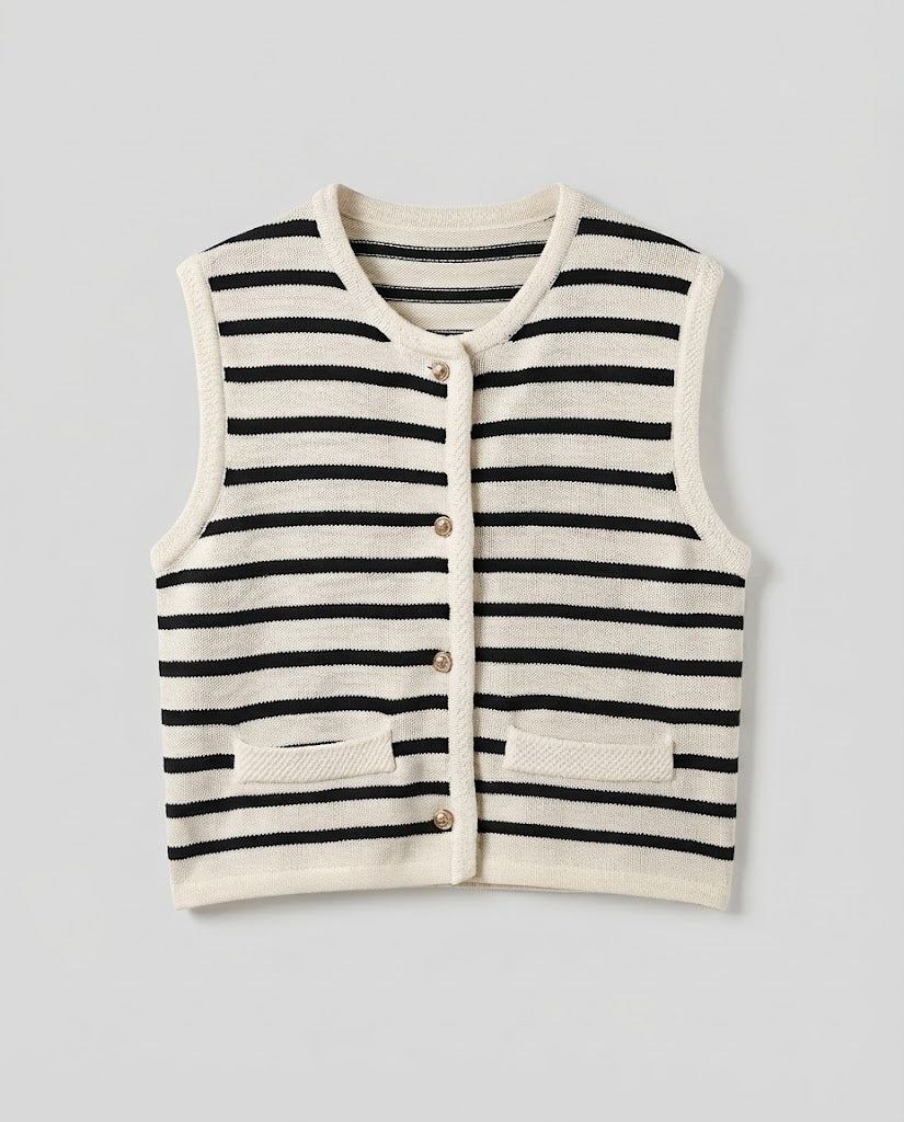 Women Striped Knit Vest with Button Placket and Patch Pockets Shop Velvia
