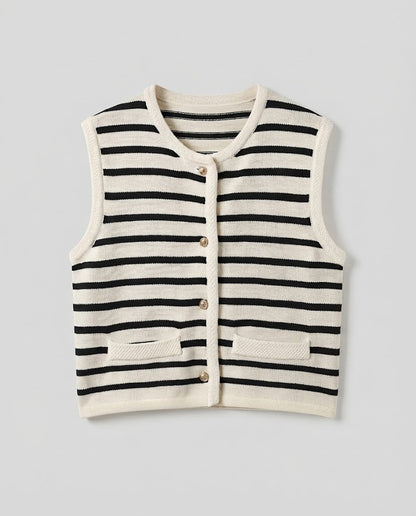 Women Striped Knit Vest with Button Placket and Patch Pockets Shop Velvia