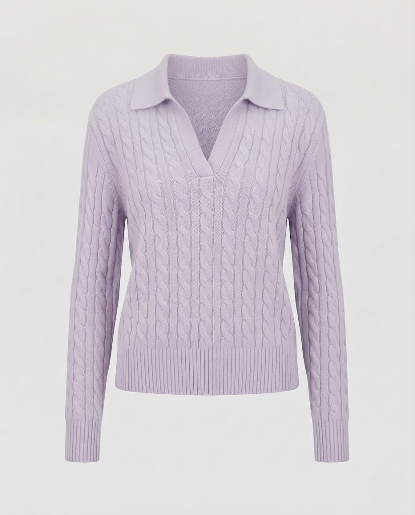 Women's cable knit polo sweater with V-neck and soft fine knit quality Shop Velvia