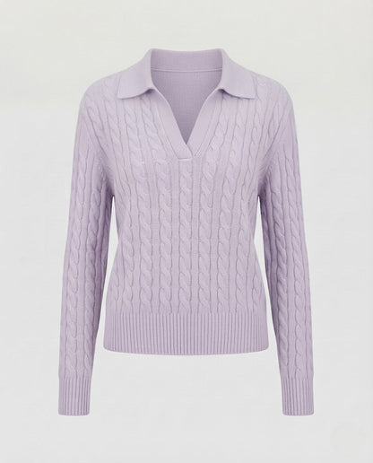 Women's cable knit polo sweater with V-neck and soft fine knit quality Shop Velvia