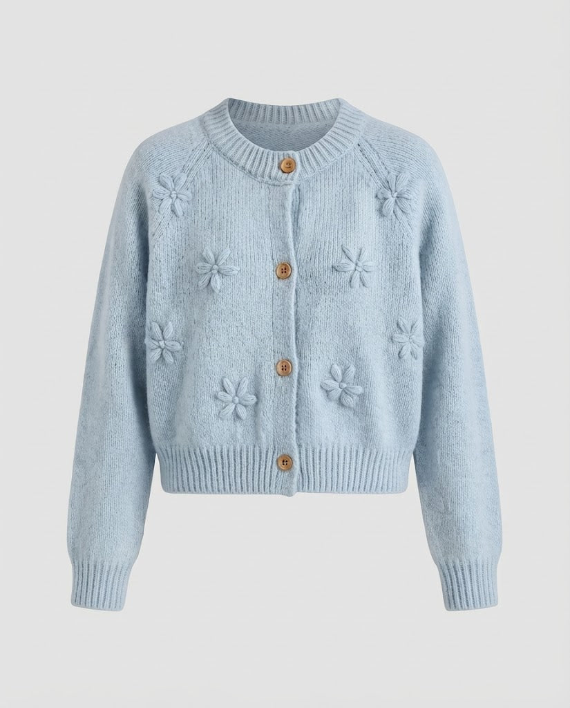 Women's short-cut cardigan with three-dimensional floral patterns, wooden buttons, and ribbed hem Shop Velvia