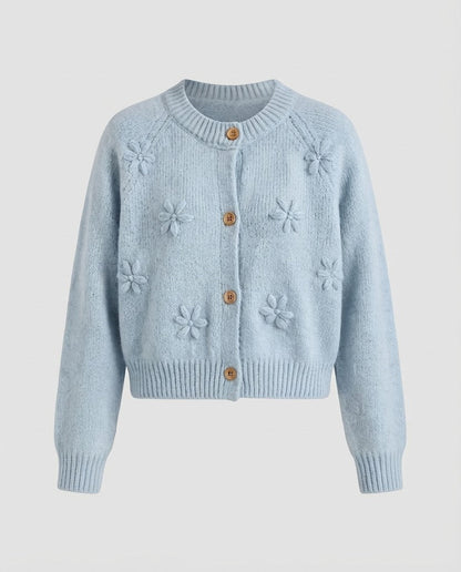 Women's short-cut cardigan with three-dimensional floral patterns, wooden buttons, and ribbed hem Shop Velvia