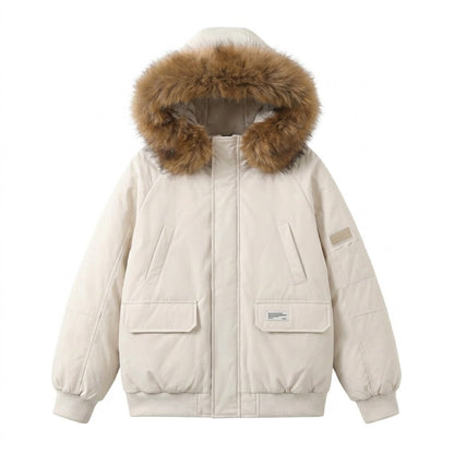 Women's short urban thermal parka with detachable faux fur trim, raglan sleeves, and concealed two-way zipper