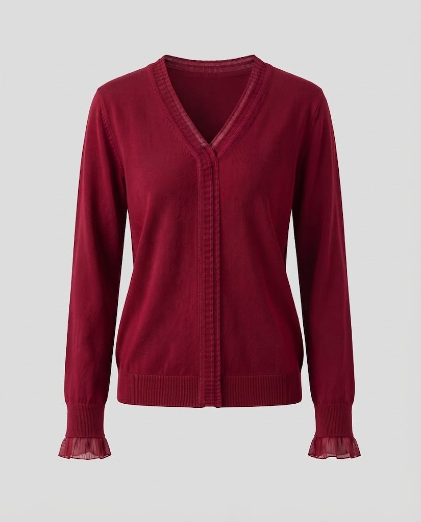 Ladies Fine V-Neck Fine Knit Sweater with Pleated Trim and Flowing Silhouette Shop Velvia