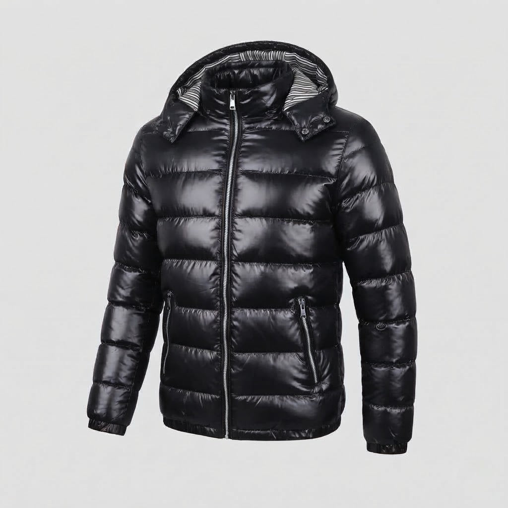Men's Shiny Padded Jacket with Hood, Striped Lining & Contrast Zippers Shop Velvia