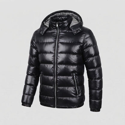 Men's Shiny Padded Jacket with Hood, Striped Lining & Contrast Zippers Shop Velvia