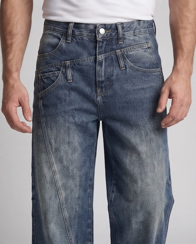 Men's Extra Wide Denim Palazzo Jeans with Panel Seams and Worn Look Shop Velvia