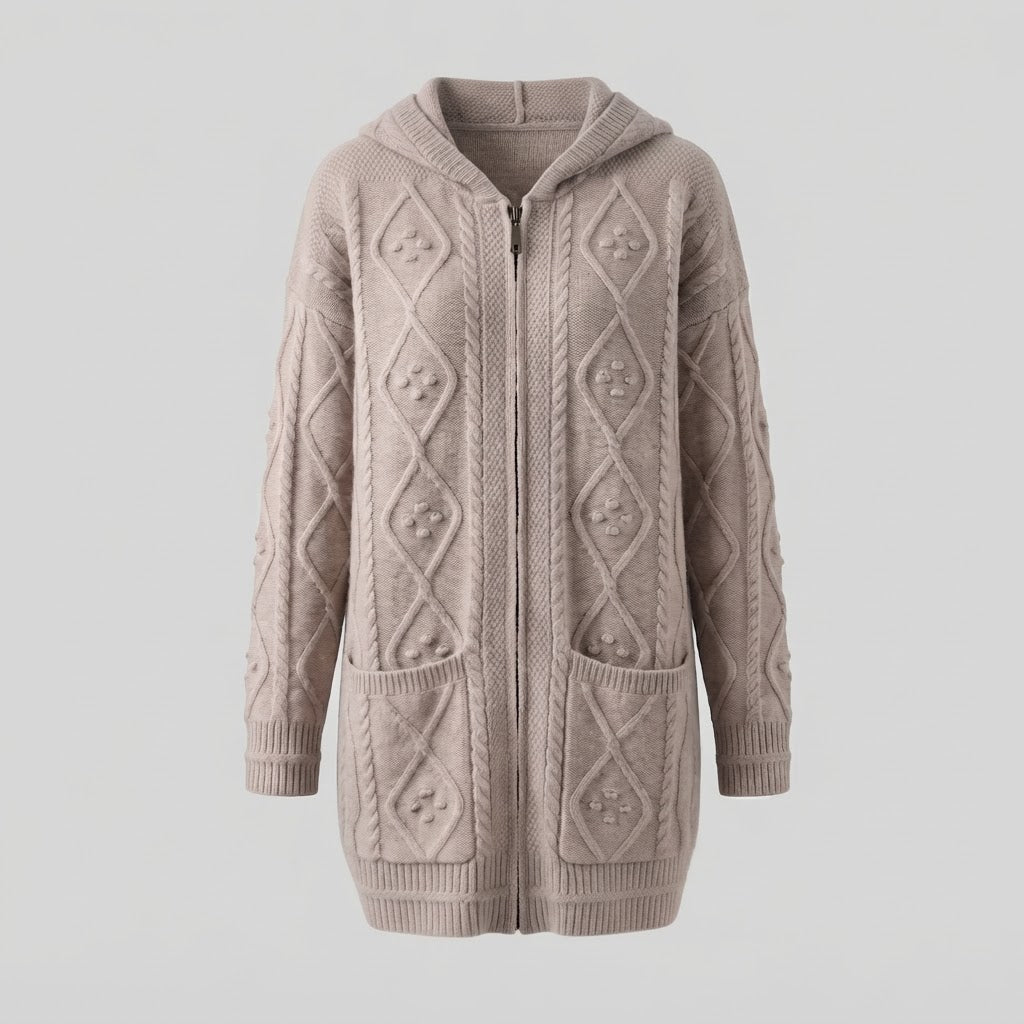 Women's hoodie long cardigan made of soft wool blend with cable pattern, zipper and insert pockets Shop Velvia